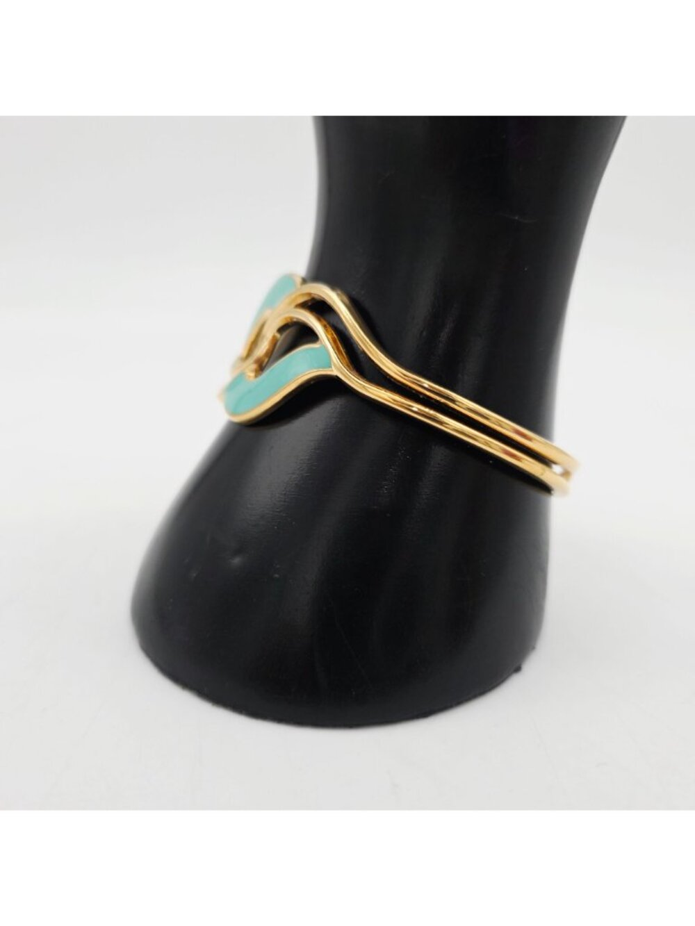 Gold-Tone Open Cuff Bracelet With Mint Green Enamel Wave Design - Picture 4 of 6